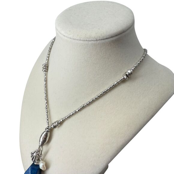 J. Jill Charm Necklace Lapis Stone Shell Pearl Beaded Silver Tone Adjustable NWT - Picture 5 of 9